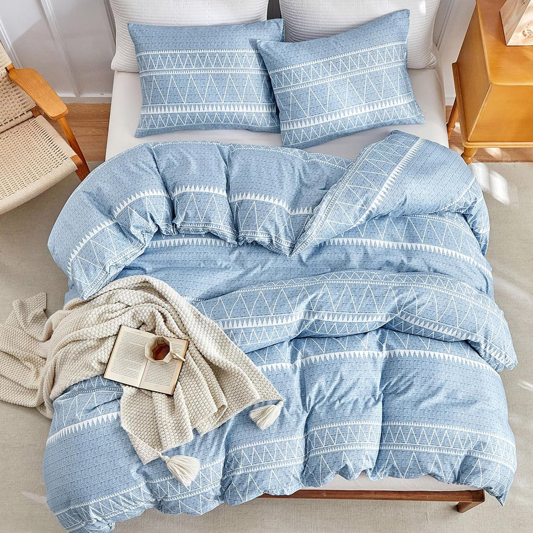 Lekesky Bettwäsche 220x240 3teilig + 2 Kissen 80x80, Boho Blau Linien | 1 Bettbezug 220x240, 2 Kisse
