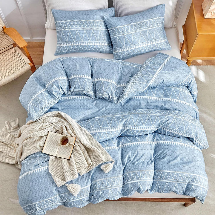 Lekesky Bettwäsche 220x240 3teilig + 2 Kissen 80x80, Boho Blau Linien | 1 Bettbezug 220x240, 2 Kisse