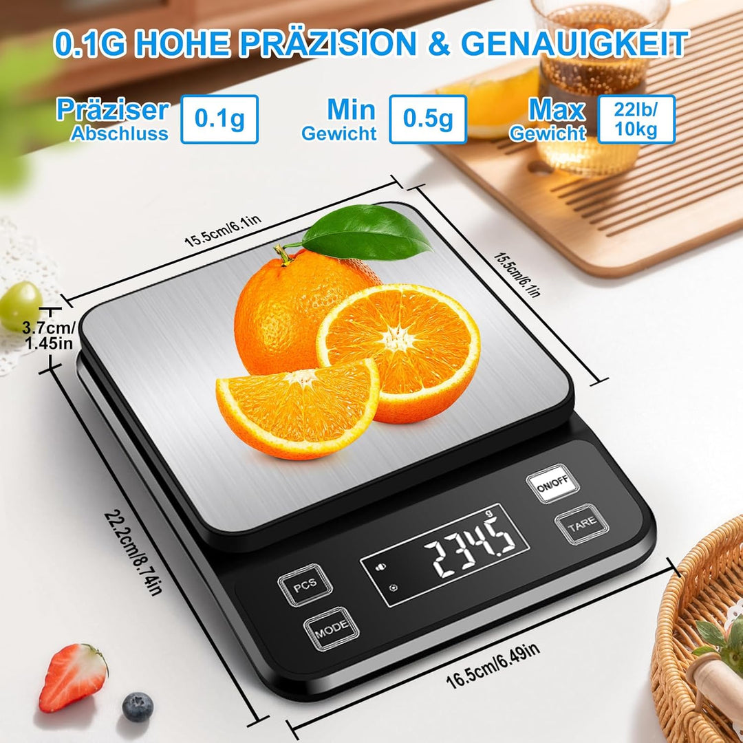 Diyife Wasserdicht IPX67 Küchenwaage 10KG, 0,1g Digitalwaage mit Grosser Edelstahl Wiegefläche, Wied