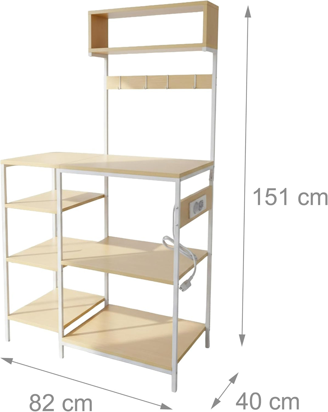 Relaxdays Küchenregal mit Steckdose & USB, HBT: 151x82x40 cm, Mikrowellen-Regal, Holzoptik, offen, M