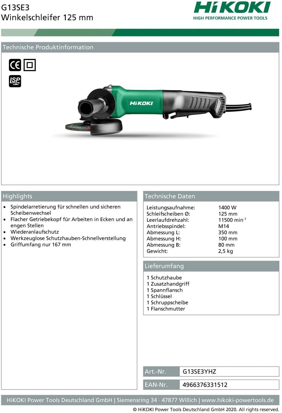 HIKOKI G13SE3 Winkelschleifer Durchmesser 125mm mit Paddleschalter und Wiederanlaufschutz, 1400W, 23