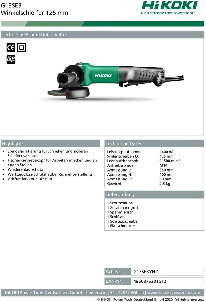 HIKOKI G13SE3 Winkelschleifer Durchmesser 125mm mit Paddleschalter und Wiederanlaufschutz, 1400W, 23