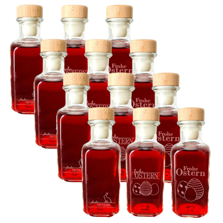 gouveo 12er Set Glasflasche 100 ml (0,10 l) Glasflasche 100 ml Apotheker eckig mit Oster-Gravur (3 M