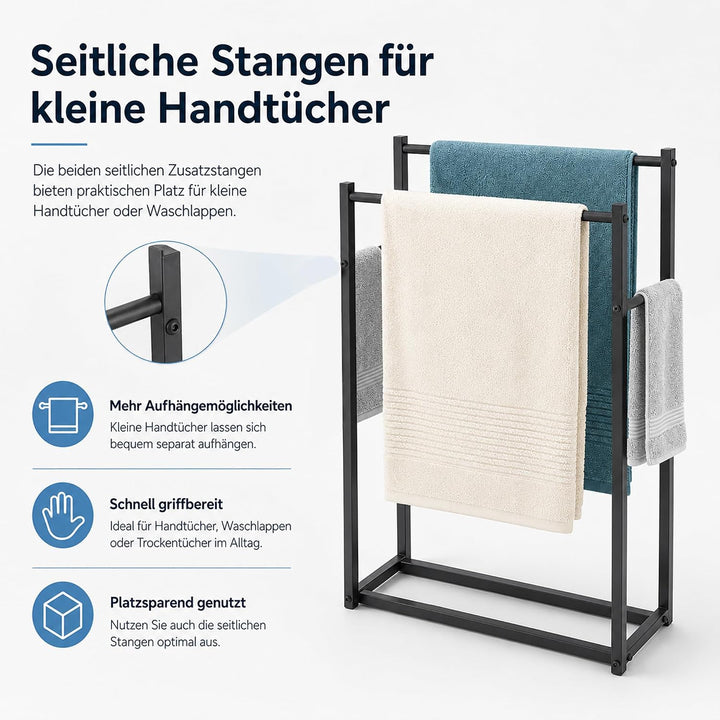 Handtuchständer Freistehend Schwarz - Handtuchhalter ohne Bohren aus Metall - 2-Stufiger Badetuchhal