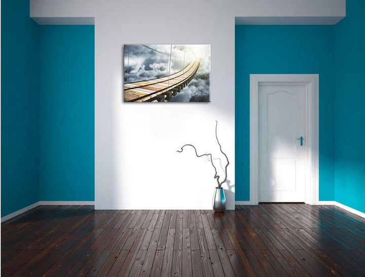 Pixxprint Hölzerne Brücke in den Wolken als Leinwandbild/Grösse: 100x70 / Wandbild/Kunstdruck/fertig