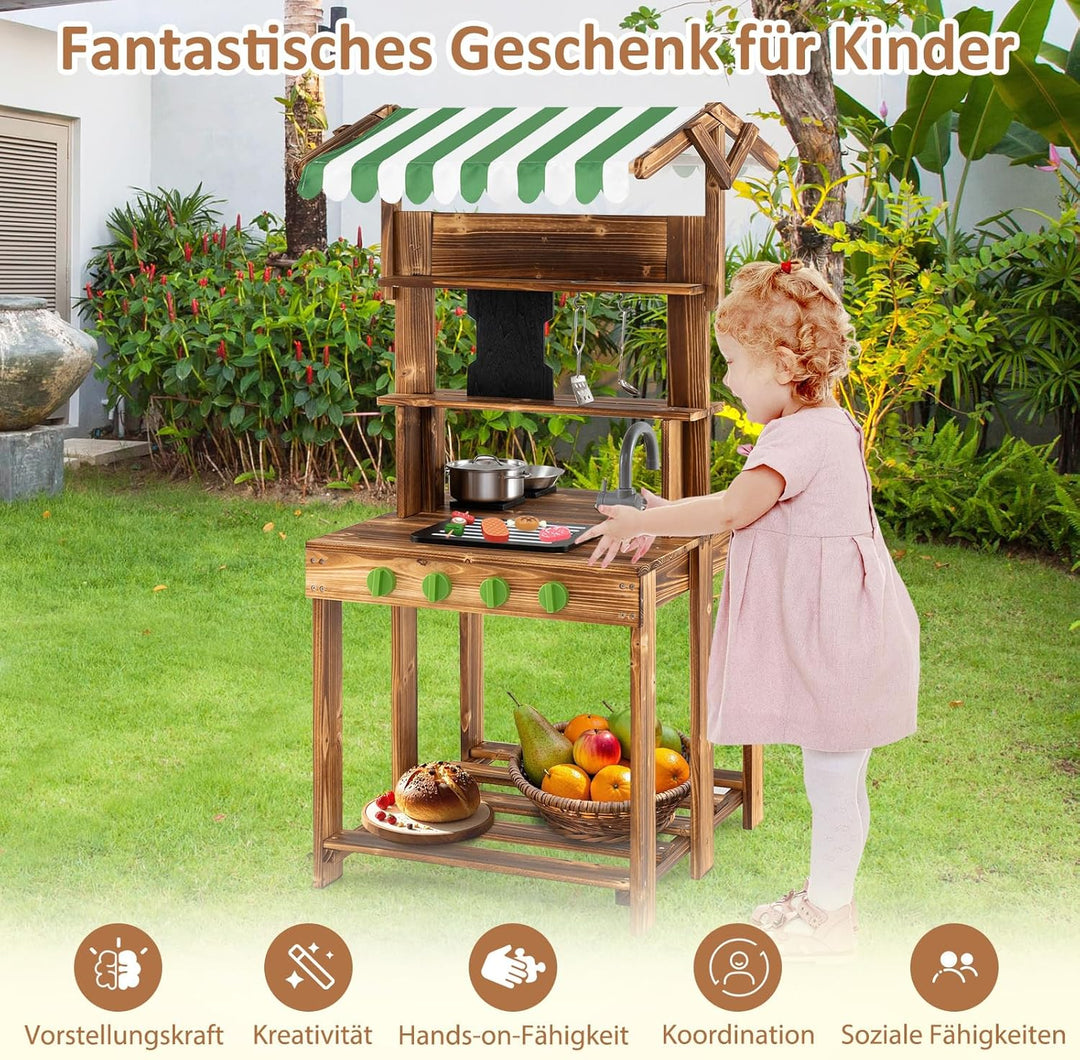 COSTWAY Matschküche Kinder Outdoor, Doppelseitige Kinderküche mit Dach, Schultafel, Spüle & Wasserha