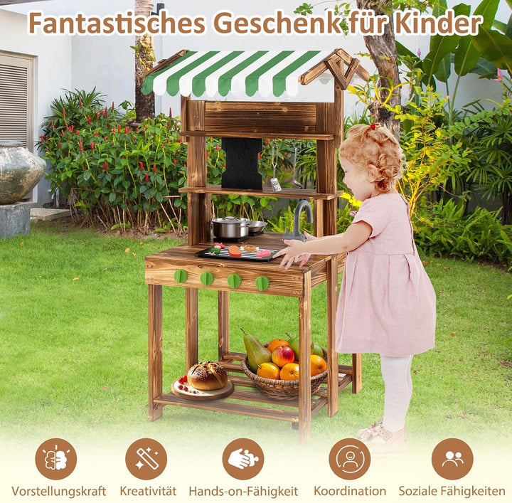 COSTWAY Matschküche Kinder Outdoor, Doppelseitige Kinderküche mit Dach, Schultafel, Spüle & Wasserha