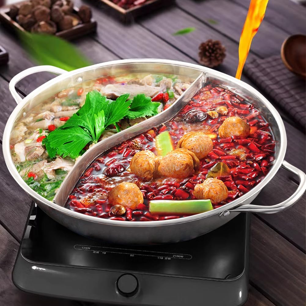 Leopacat Hot Wok Topf Hotpot, Hotpot Topf, 2 Kammern Dualer Hot Pot Doppelgriff Kochgeschirr Hot Pot