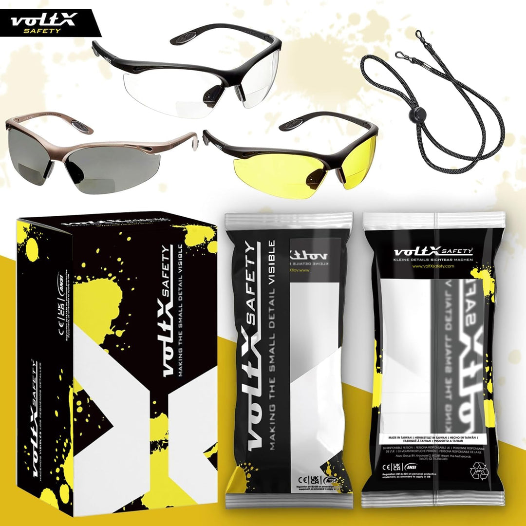3 x voltX 'Constructor' BIFOKALE Schutzbrille mit Lesehilfe (+1.5 Dioptrie klare, gelbe & polarisier