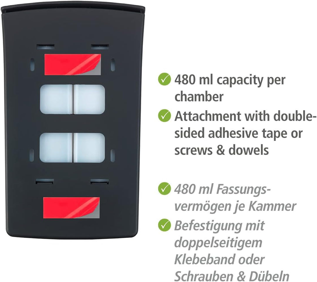 WENKO 2-Kammer Desinfektionsmittel- und Seifenspender Tartas Schwarz, hygienischer Wand-Spender für