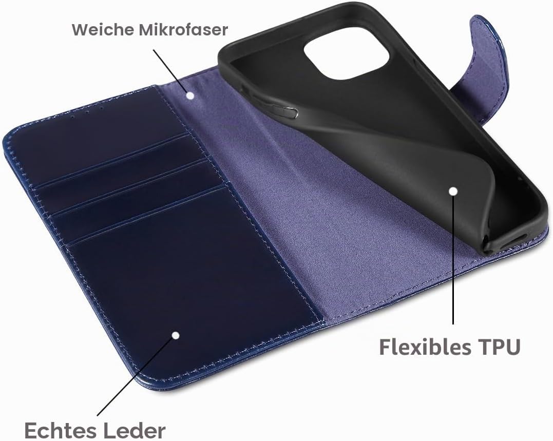 LENSUN Lederhülle für iPhone 14, Echtleder Hülle Klapphülle [Echtes Leder][Bookstyle][RFID-Blocker]