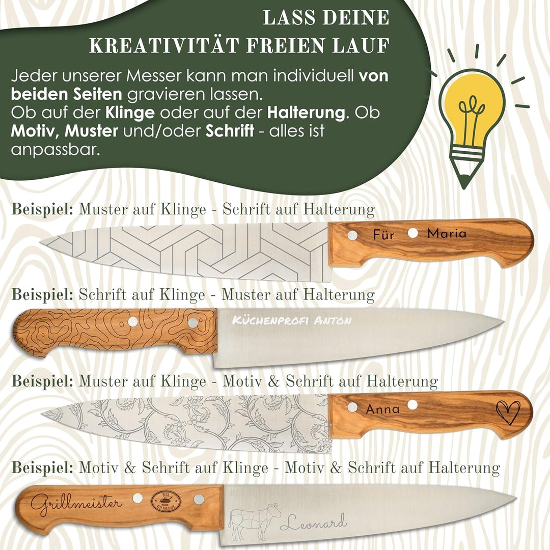Küchenmesser personalisiert, Olivenholz - Hochwertiges Solinger Kochmesser als individuelles Geschen