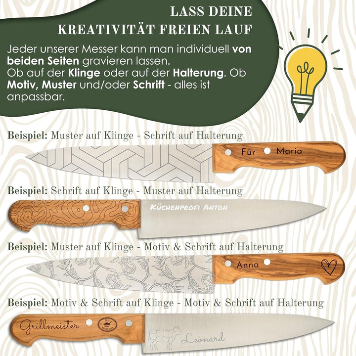 Küchenmesser personalisiert, Olivenholz - Hochwertiges Solinger Kochmesser als individuelles Geschen