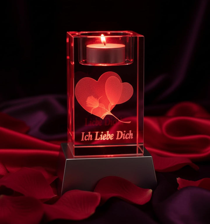 Kaltner Präsente Stimmungslicht LED Kerze/Kristall Glasblock / 3D-Laser-Gravur Teelichthalter Herz R