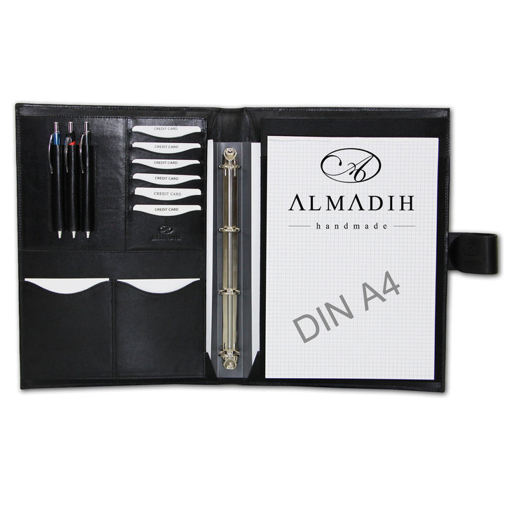 ALMADIH Leder A4 Konferenzmappe mit herausnehmbarem Ringbuch Schreibblock aus Premium Rindsleder Sch