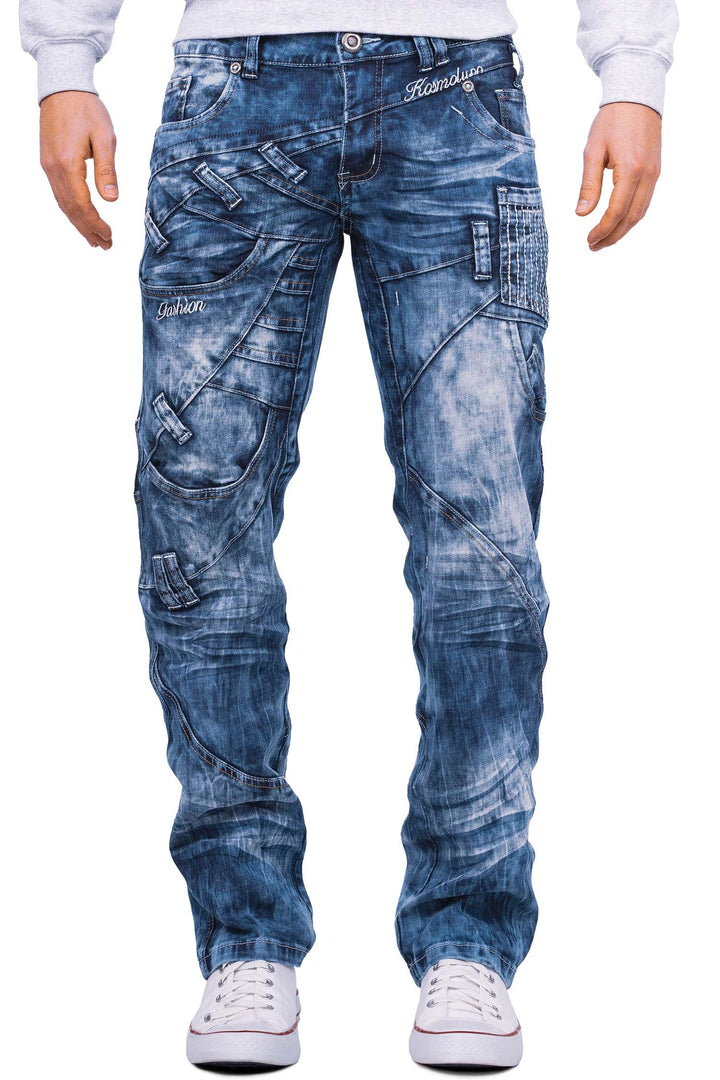 Herren Jeans Regular Fit 5-Pocket mit Knopfleiste | Kontrastnaht in Weiss und Orange, Mehrfach-Zippe