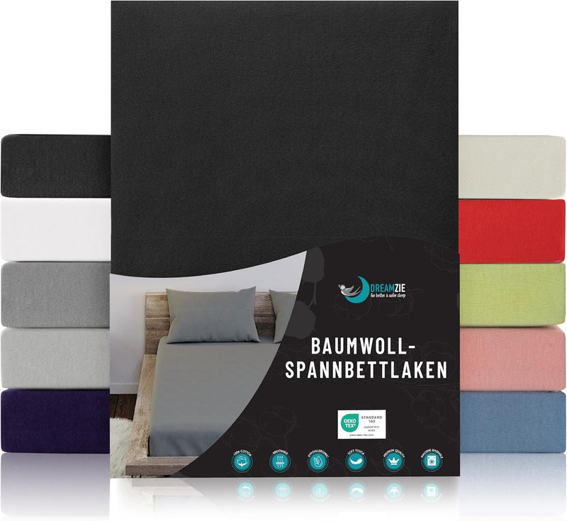 Dreamzie - Spannbettlaken 100x200cm - Baumwolle Oeko Tex Zertifiziert - Schwarz - 100% Jersey Spannb