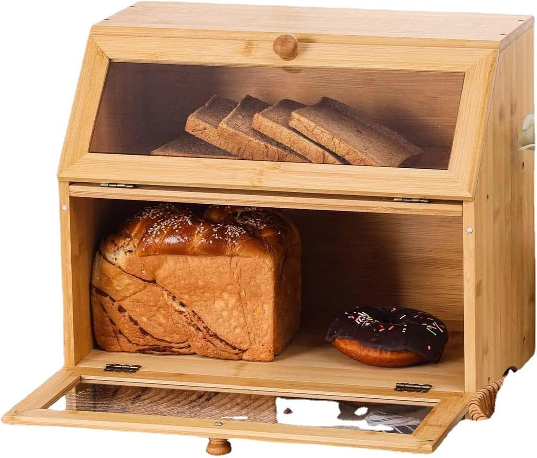 BRAVECOW Natürlich Bambus brotkasten,brotkasten holz Zweischichtig, mit Deckel brotkorb, brot aufbew