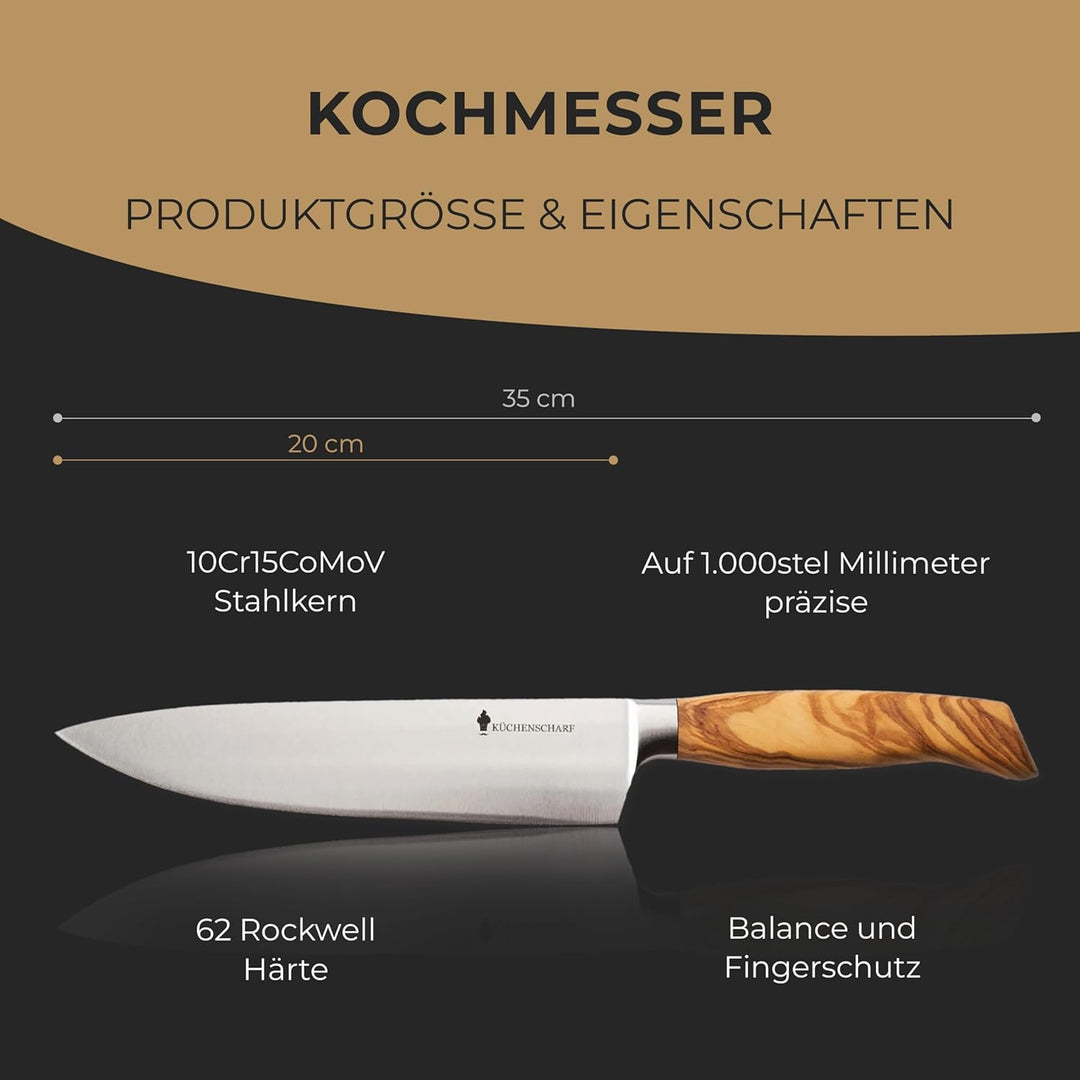Profi Kochmesser 20 cm mit Olivenholzgriff - Ergonomisches Küchenmesser aus 100% Edelstahl für Profi