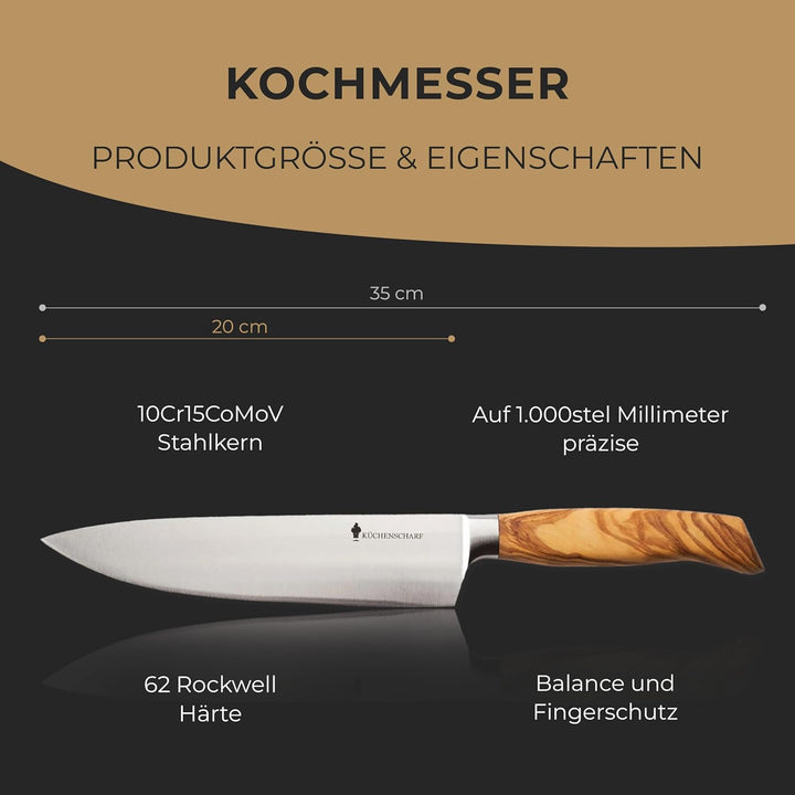 Profi Kochmesser 20 cm mit Olivenholzgriff - Ergonomisches Küchenmesser aus 100% Edelstahl für Profi