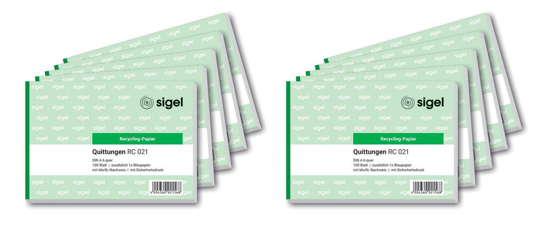 SIGEL RC021/10 Quittungsblock A6 quer, aus Recycling-Papier, 10 Stück, 100 Blatt, 10 Stück