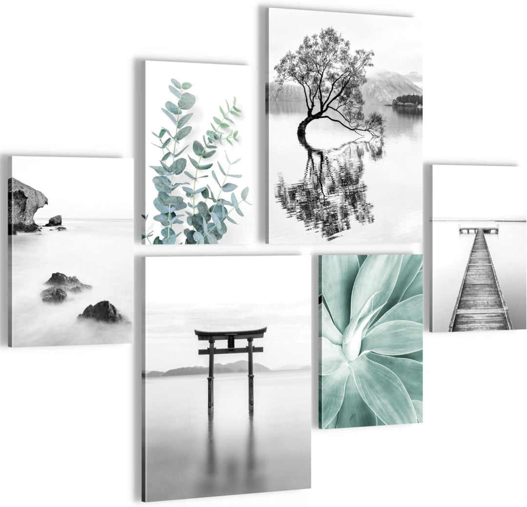 Novart Bilder Set - AUFHÄNGFERTIG - KEIN EXTRA RAHMEN BENÖTIGT - Asien Zen See Modern Schwarz Weiss