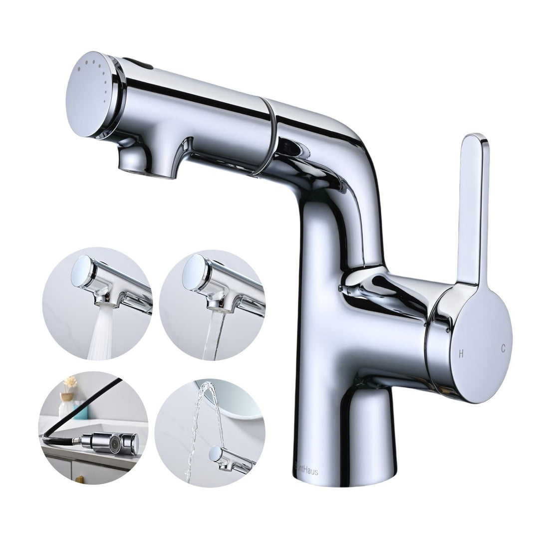 BuntHaus Wasserhahn Ausziehbarer mit Brause & Oberstrahl, Waschtischarmatur mit Auslauf Höhe 130 mm,