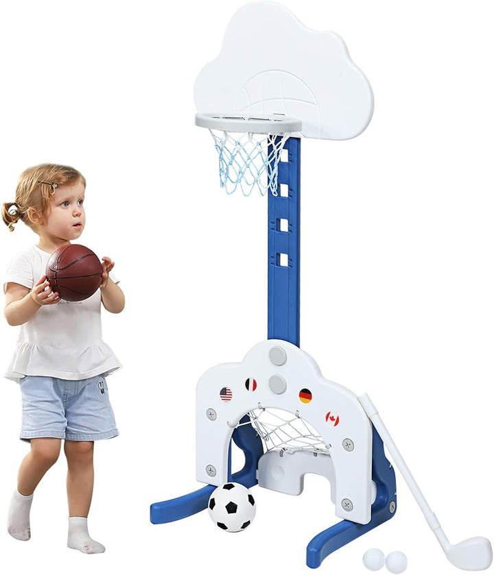 COSTWAY 3 in 1 Kinder Spielplatz, höhenverstellbarer Basketballkorb & Fussballtor & Golf, Basketball
