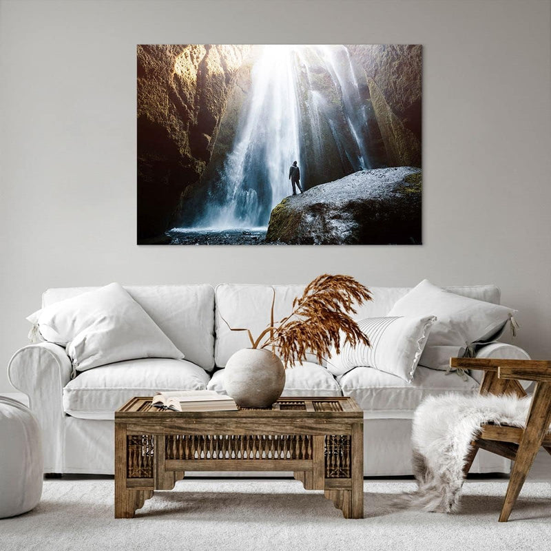 Bilder auf Leinwand 100x70cm Leinwandbild mit Rahmen Berg Wasserfall Gross Wanddeko Bild Schlafzimme