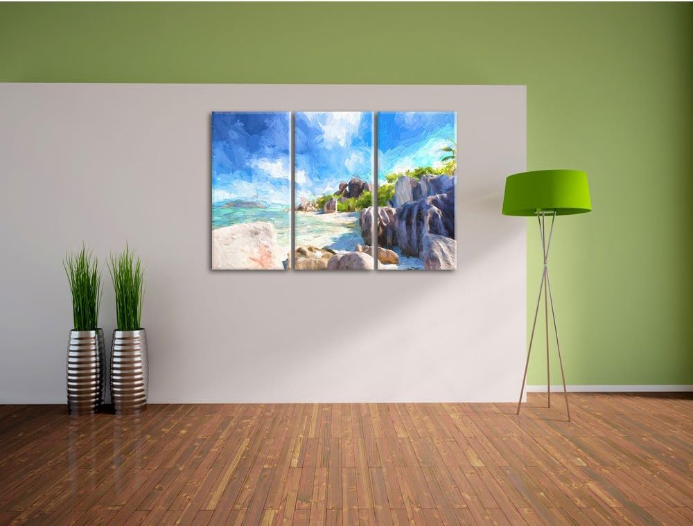 Pixxprint Seychellen Strand Kunst als Leinwandbild/Grösse: 3 Teilig (120x80) cm/Wandbild/Kunstdruck/