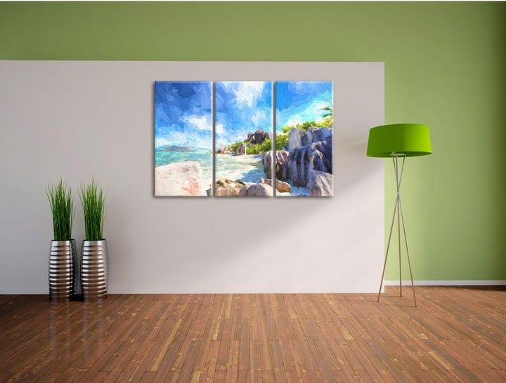 Pixxprint Seychellen Strand Kunst als Leinwandbild/Grösse: 3 Teilig (120x80) cm/Wandbild/Kunstdruck/