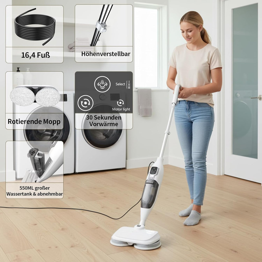 2-in-1 Dampfreiniger Mop mit Handgerät, 30s Schnellaufheizung, 4 Mikrofaserpads, Für alle Hartböden