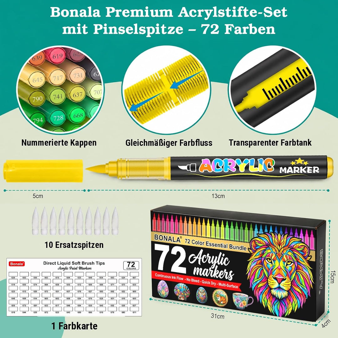 72 Farben Acrylstifte Set Wasserfest – Acrylmarker Acrylic Marker mit Pinselspitze &amp; Direktfluss zum