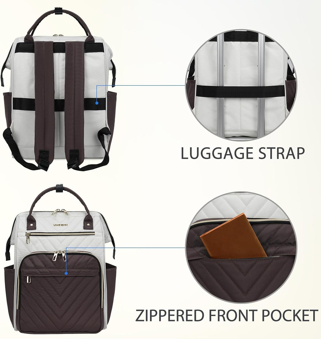 VANKEAN 15.6 Zoll Laptop-Rucksack für Damen Herren, Beige-Kaffee | Computer Arbeitstasche, Grosse Ka