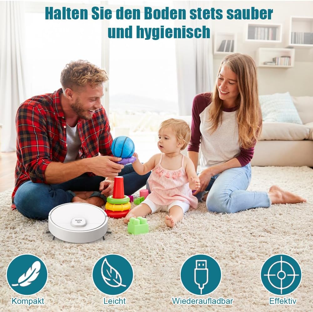 Aohcae Mini Saugroboter, 3-in-1 Mini Staubsauger Roboter, Kleiner Automatischer Staubsauger für Auto