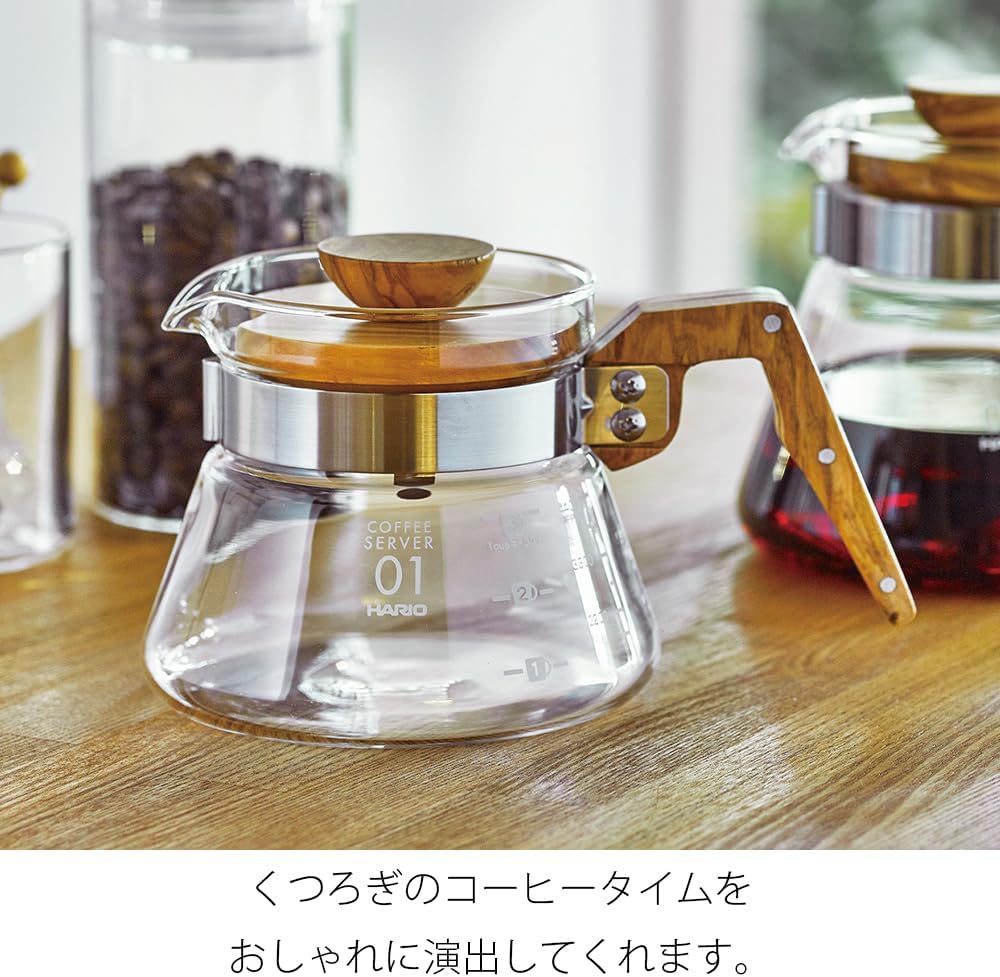Hario Kaffekanne, 600 ml, Griff und Deckel aus Olivenholz, durchsichtig, 4 Cup, 600 ml
