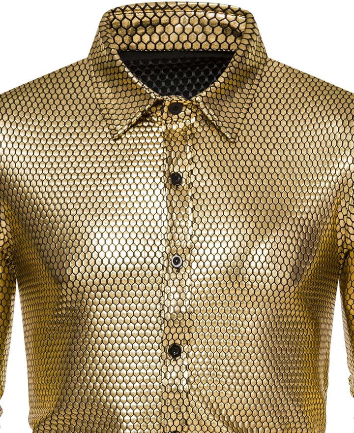 Herren Kleid Hemd Rhombus Bronzing Print Langarm Button Down Shirts 70er Jahre Disco Party Kostüm, G