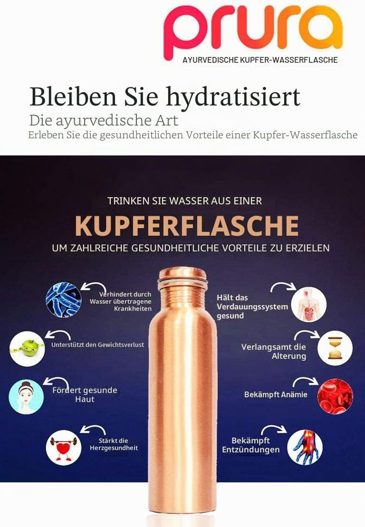 ayurvedische Kupfer-Wasserflasche, auslaufsicheres naturreines Kupfergefäss 900ml/30oz design 1 900