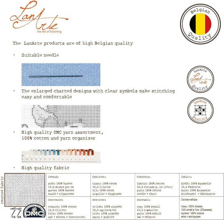 LANARTE PN Zählmusterpackung Eule Zählstoff Kreuzstichpackung, Baumwolle, Mehrfarbig, 19 x 26 x 0.3