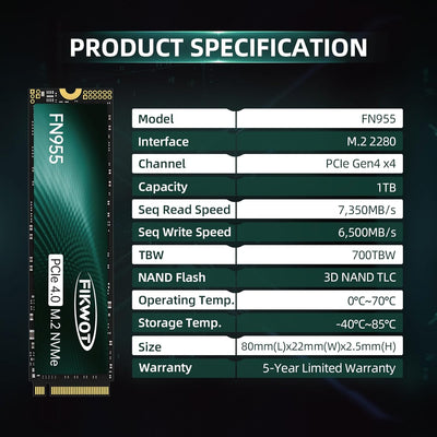 Fikwot FN955 1TB M.2 PCIe Gen4 Internes Solid State Drive mit Graphene Kühlaufkleber - Bis zu 7350 M
