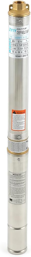 0,5Hp Tiefbrunnenpumpe 3Zoll Edelstahl-Tauchtiefbrunnenpumpe Max Durchfluss 3,3m³/h Förderhöhe 184ft