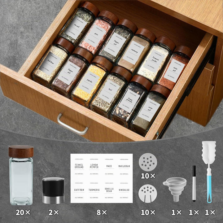 FRIBERG Gewürzgläser Eckig Set 20er,Gewürzstreuer Glas mit Holzdeckel 120ml,mit 2 gewürzmühle zur La