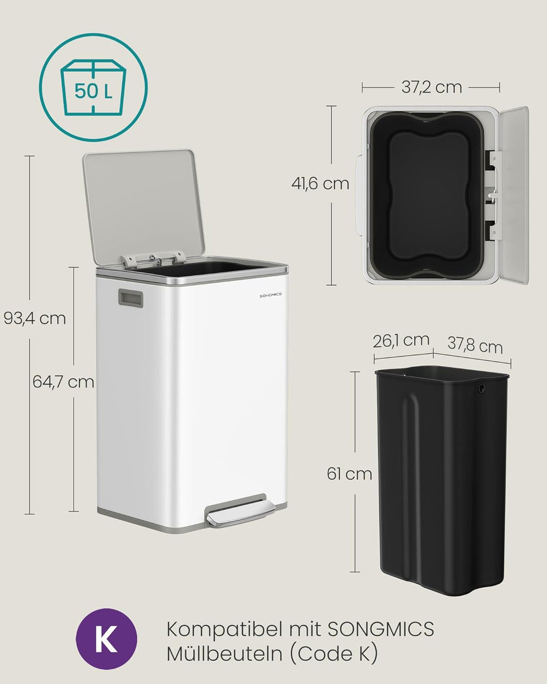 SONGMICS Mülleimer 50 L, 15 Müllsäcke, Stahl, herausnehmbarer Inneneimer aus Kunststoff, mit Deckel,