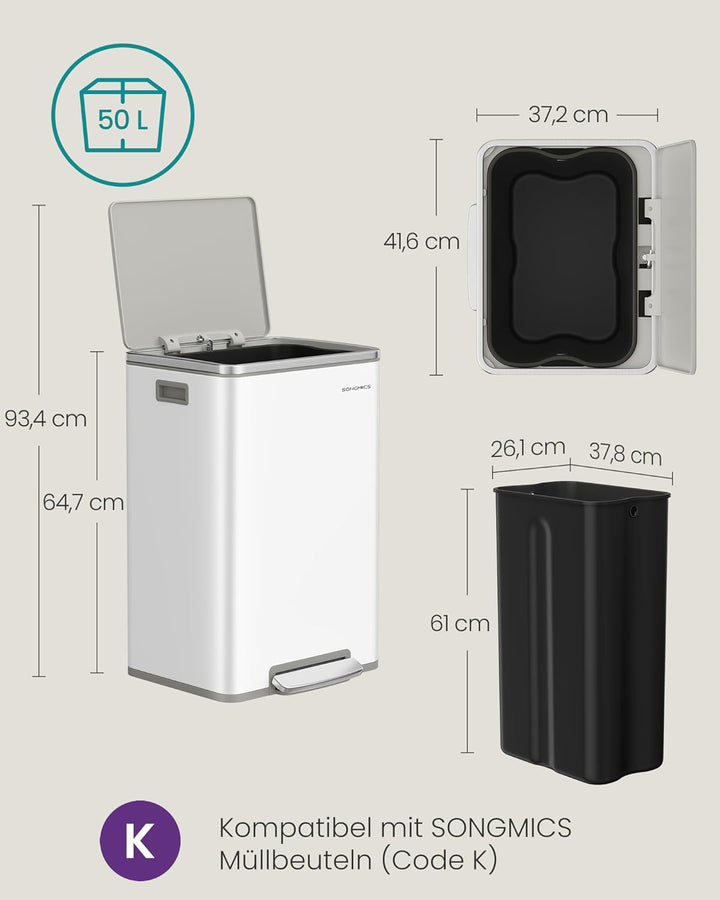 SONGMICS Mülleimer 50 L, 15 Müllsäcke, Stahl, herausnehmbarer Inneneimer aus Kunststoff, mit Deckel,