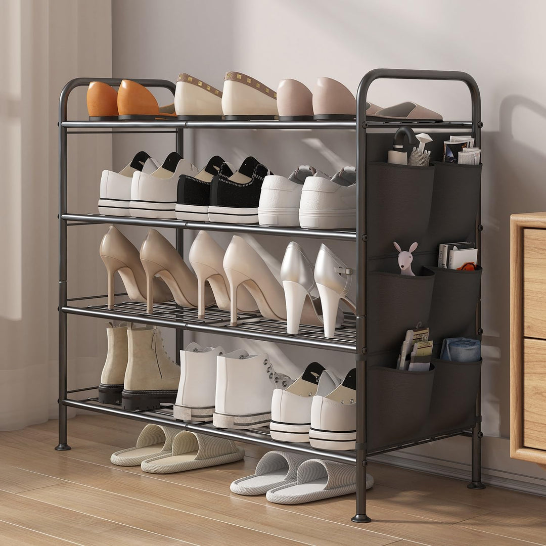 Schuhregal 4 Ebenen Schuhaufbewahrung Organizer Metall mit Seitentaschen für Flur, Schlafzimmer (Sch