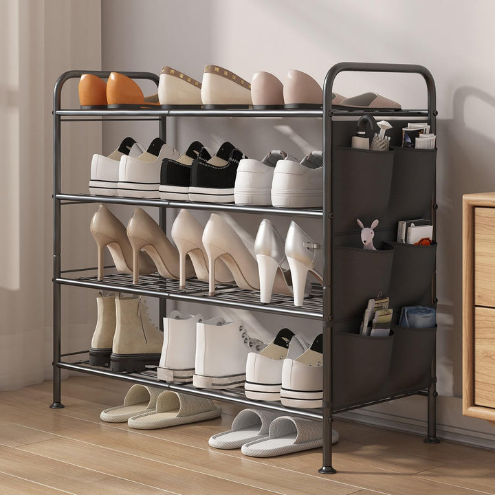 Schuhregal 4 Ebenen Schuhaufbewahrung Organizer Metall mit Seitentaschen für Flur, Schlafzimmer (Sch