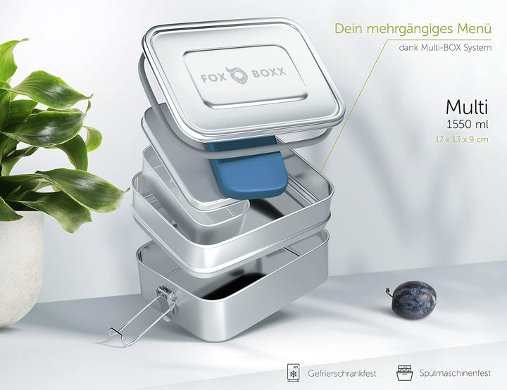 FOXBOXX Edelstahl Brotdose Premium | Multi 1550ml DOPPELDECKER | 2 Ebenen + 1 Trenner + 150ml MiniBo