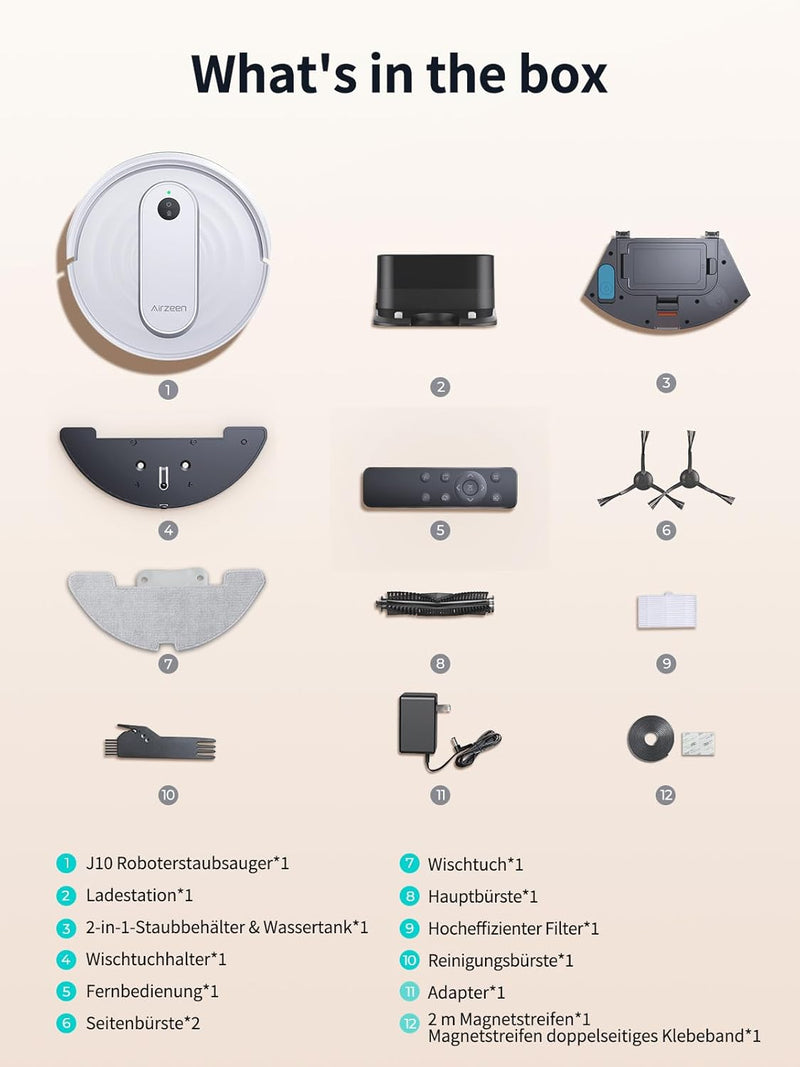 Airzeen Saugroboter mit Wischfunktion,4000Pa Starke Saugkraft J10 Staubsauger Roboter mit Wischfunkt