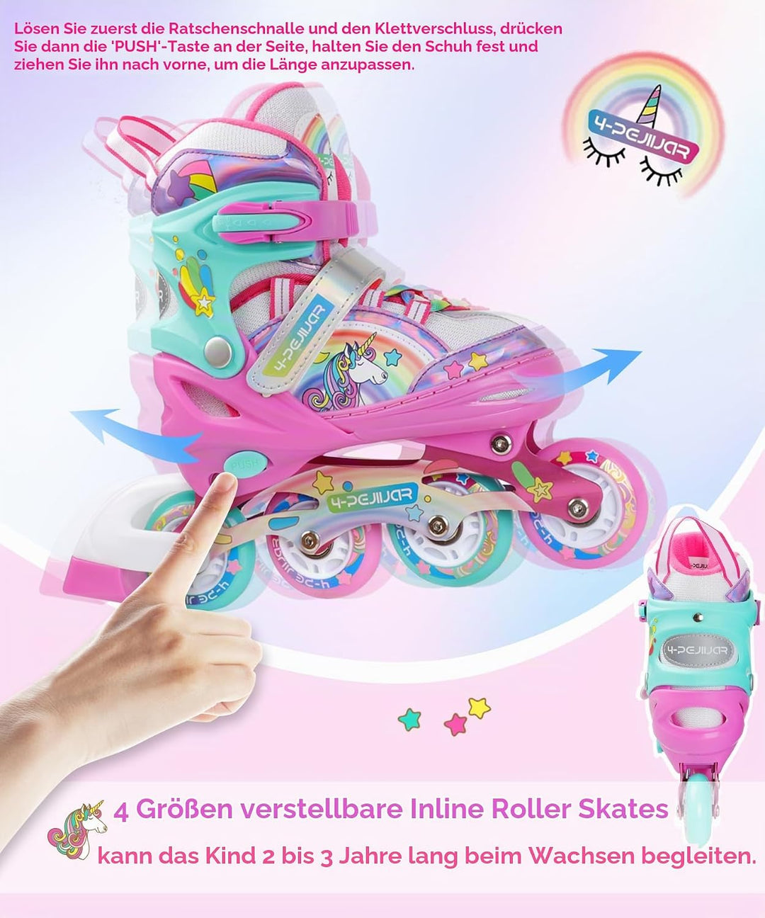 Einhorn Inliner für Mädchen Kinder Grössen Verstellbar Mit Allen Leuchtenden Rädern Regenbogen Inlin