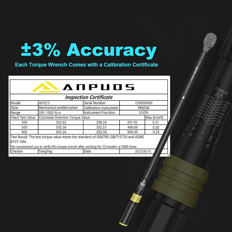 ANPUDS Drehmomentschlüssel 3/4 Zoll, 200-1000 Nm Drehmomentschlüssel, ±3% Fehlergenauigkeit mit 48 Z